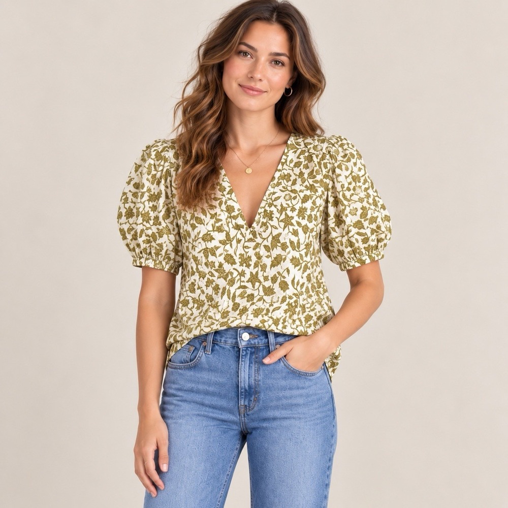 Madewell Batik Vine Floral Blouse Small Puff Sleeve V Neck 100% Cotton Boho
